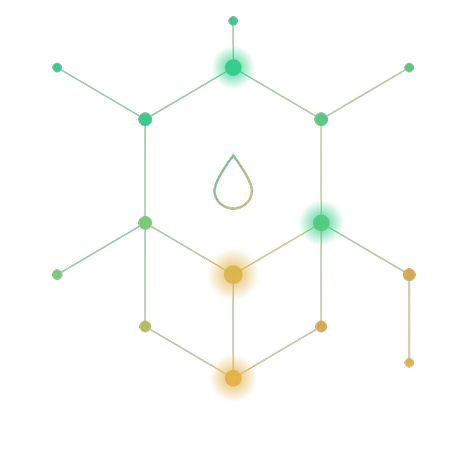 Molecule diagram: a hexagon network of green and gold nodes around a water drop